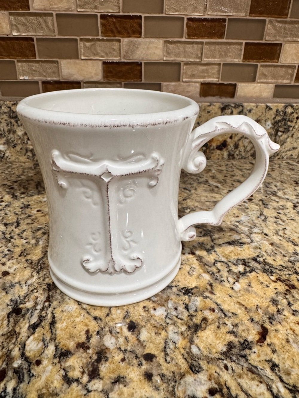 Pier 1 Imports "Elizabeth" monogram T mug cream-colored ceramic farmhouse rustic